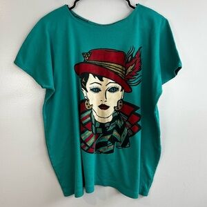 Vintage 80's Teal Blue Single Stitch Boxy Girl Shirt/Top Eighties Size XL-2X